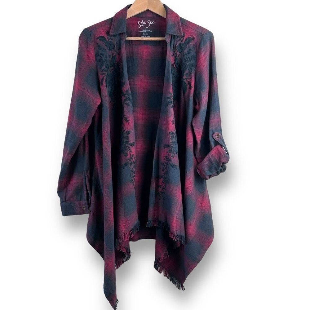 Kyla Seo Women's L Open Front Plaid Poncho Red Blue Embroidered Fringe Lagenlook